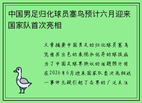中国男足归化球员塞鸟预计六月迎来国家队首次亮相 中国男足归化球员塞鸟预计六月迎来国家队首次亮相